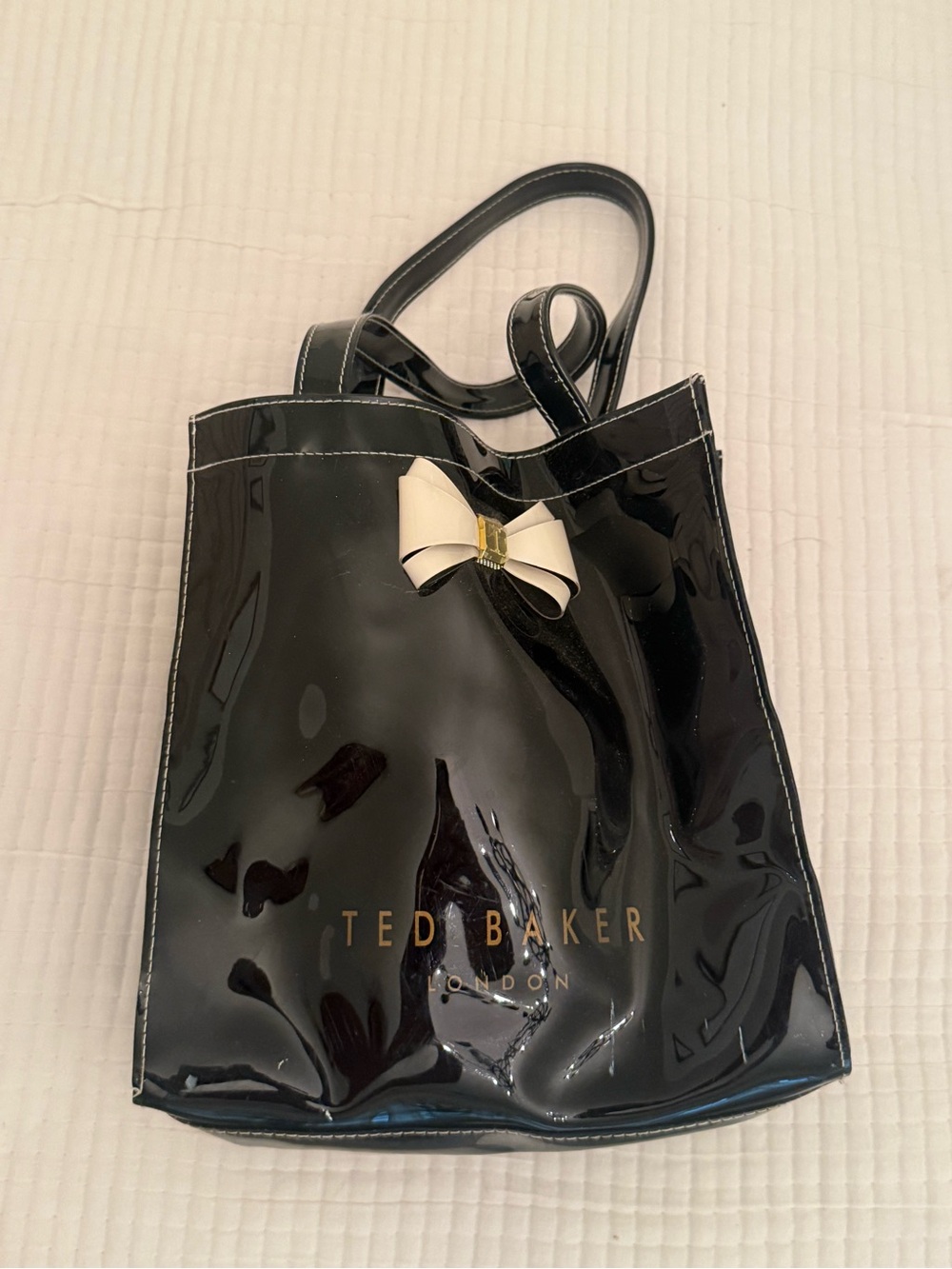 Ted Baker Black Patent Tote with Cream Bow Accent